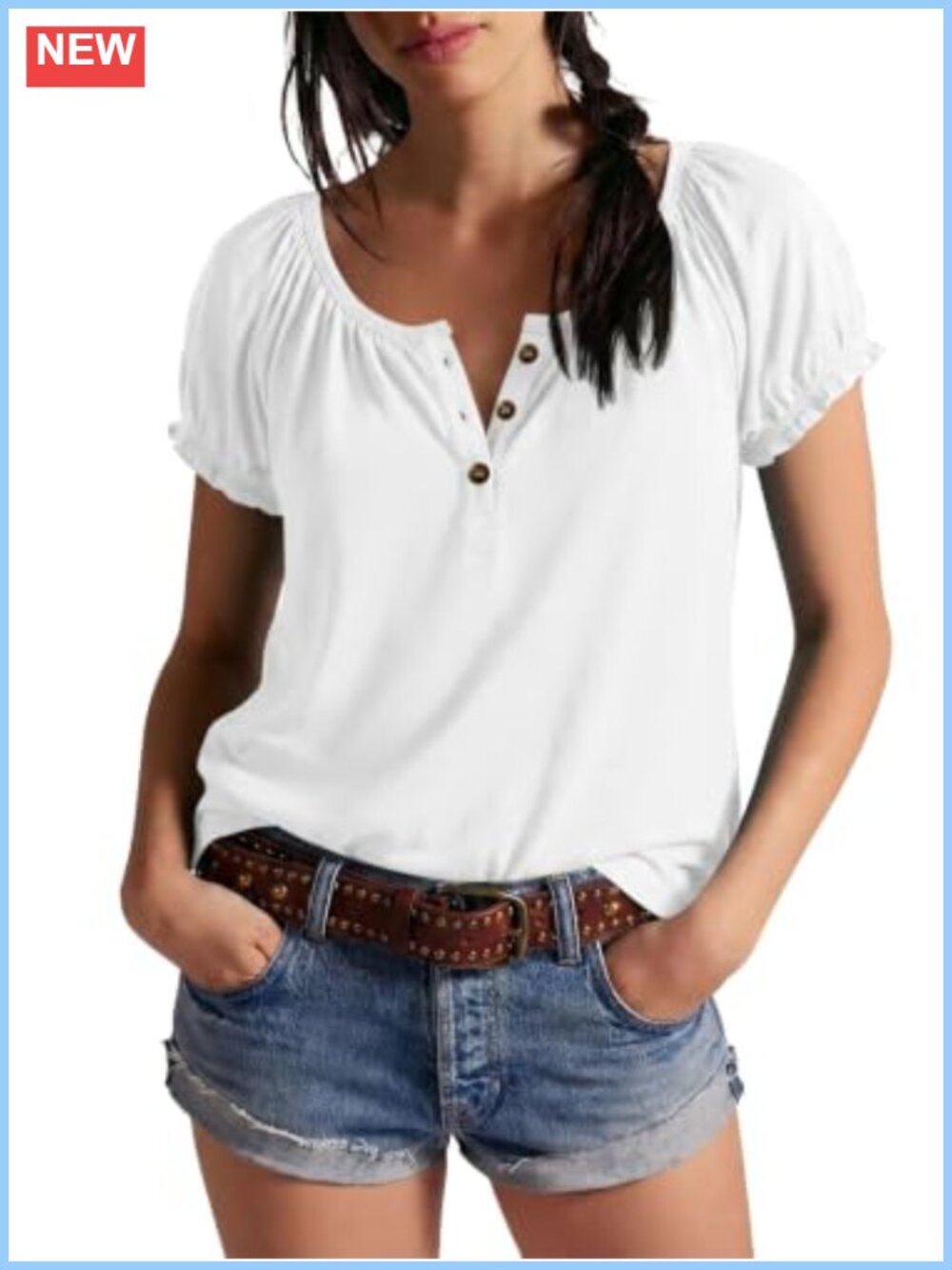Women's Babydoll Henley Top Puff Sleeve Ruffle Summer Casual Shirt